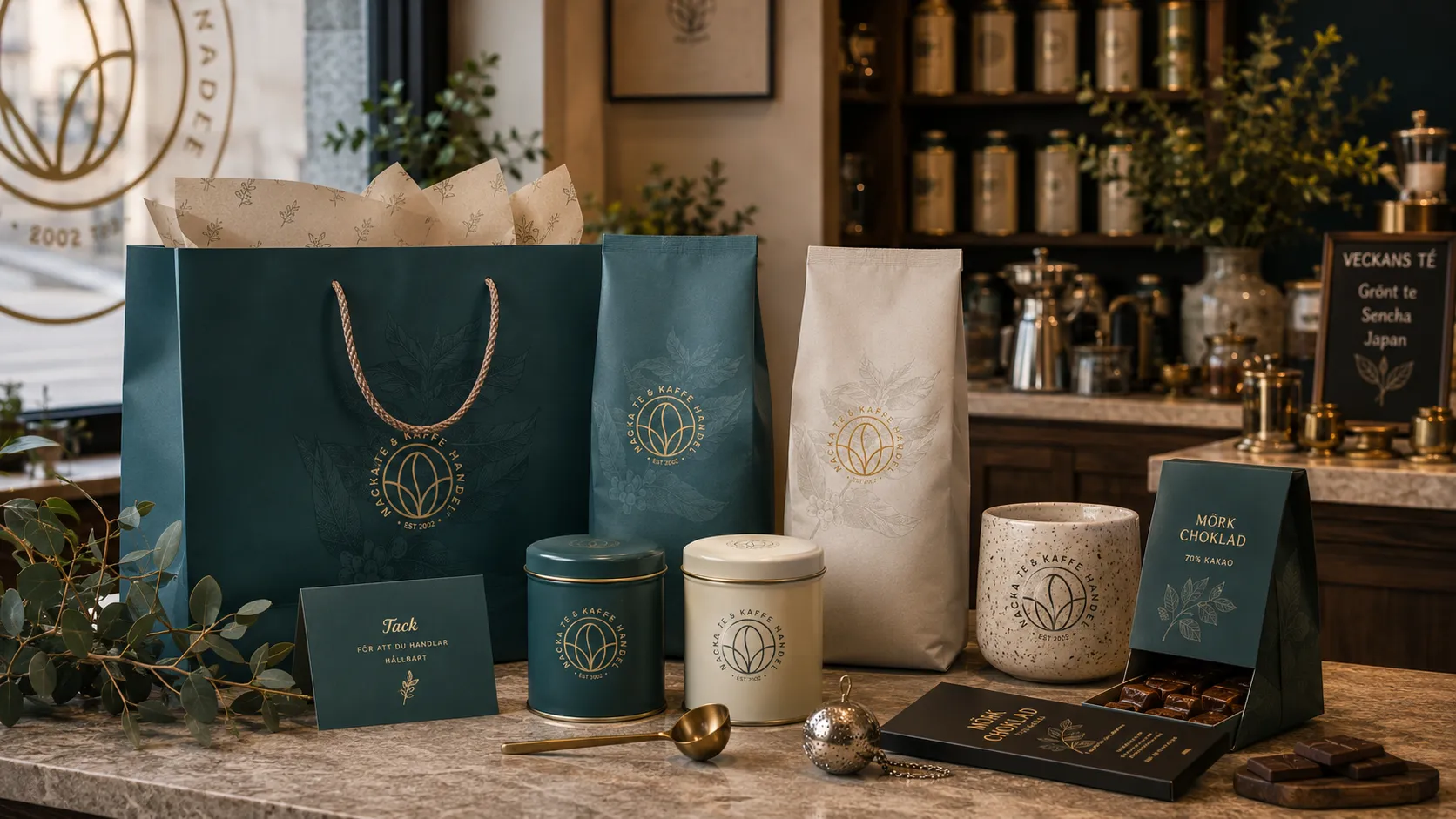 The Nacka Te & Kaffe Handel packaging family on the shop counter