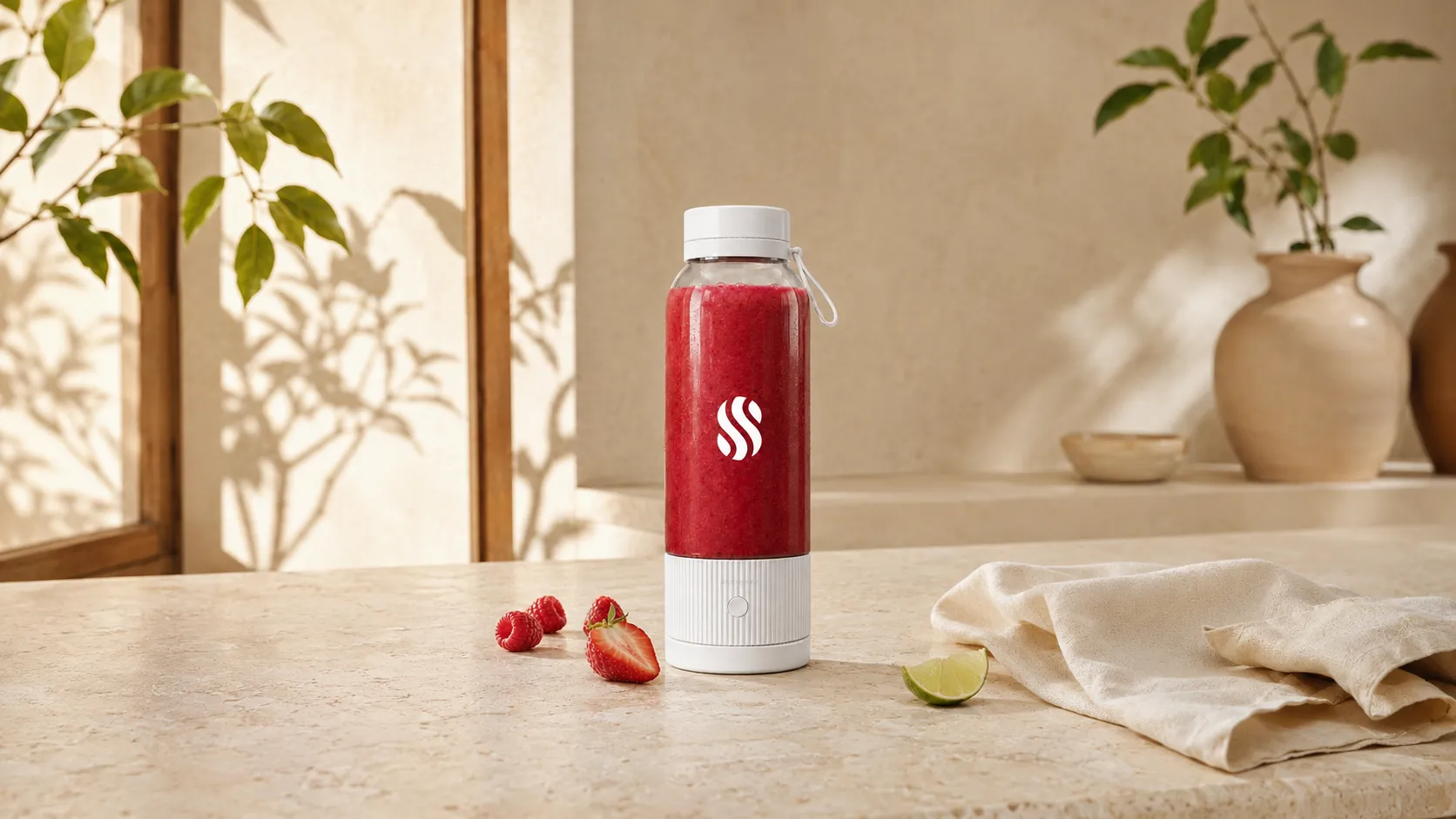 Shaky Shaky blender bottle filled with a berry smoothie