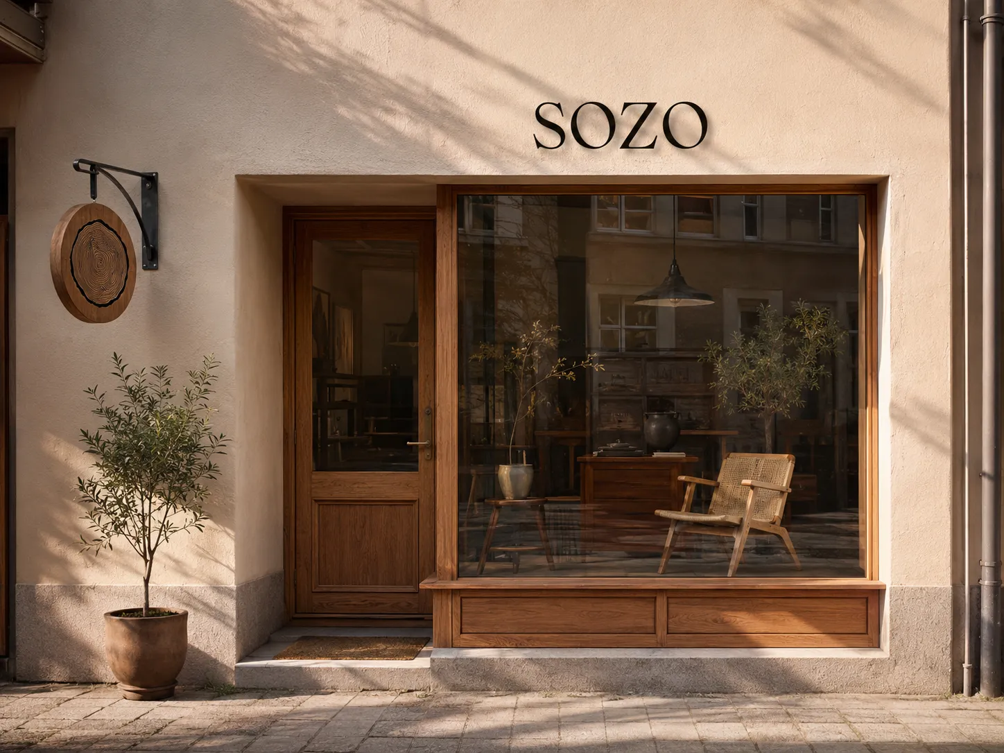 SOZO shopfront application, with the wordmark above the window and the ring symbol as a turned wooden sign