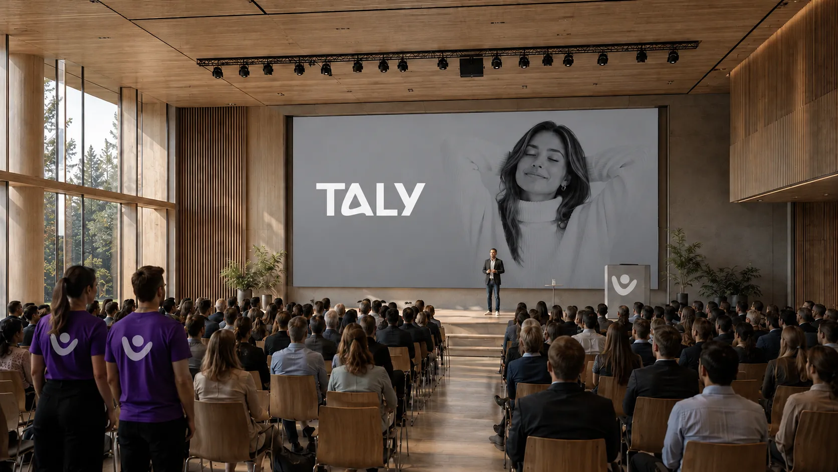 Taly at event scale: the wordmark on the main-stage screen, branded tees in the audience, the symbol on the lectern