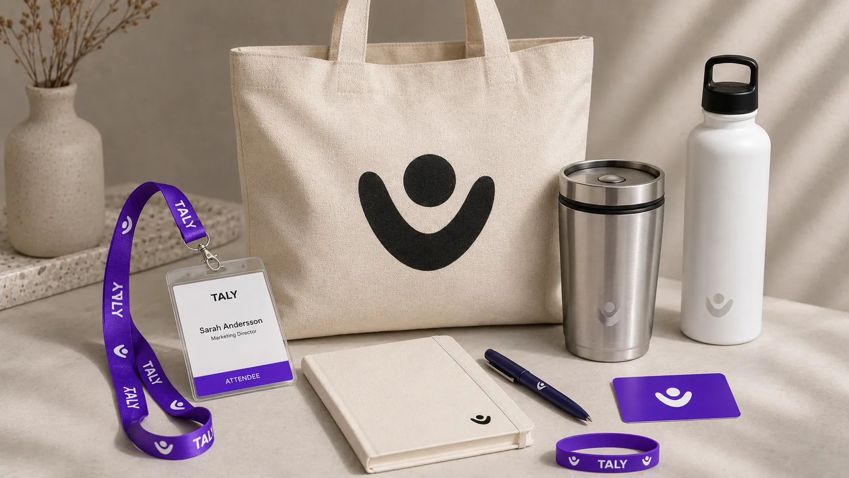 Taly event kit: tote, lanyard and badge, tumbler, bottle, notebook and wristband
