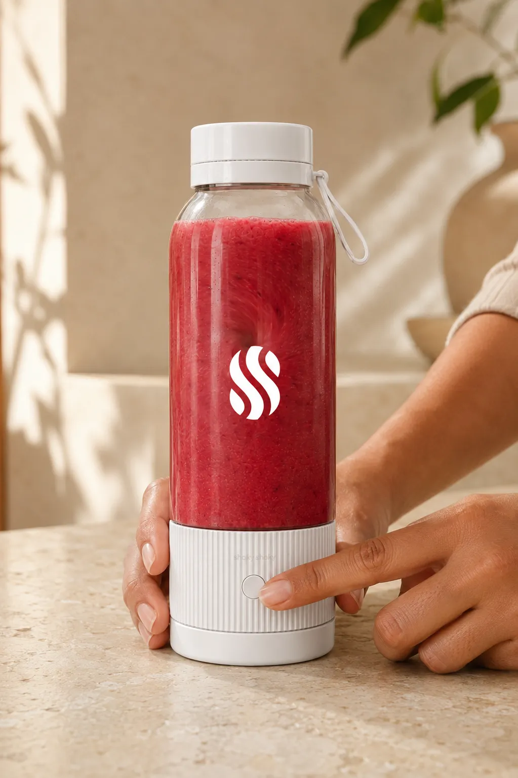 Pressing the blend button on the Shaky Shaky bottle