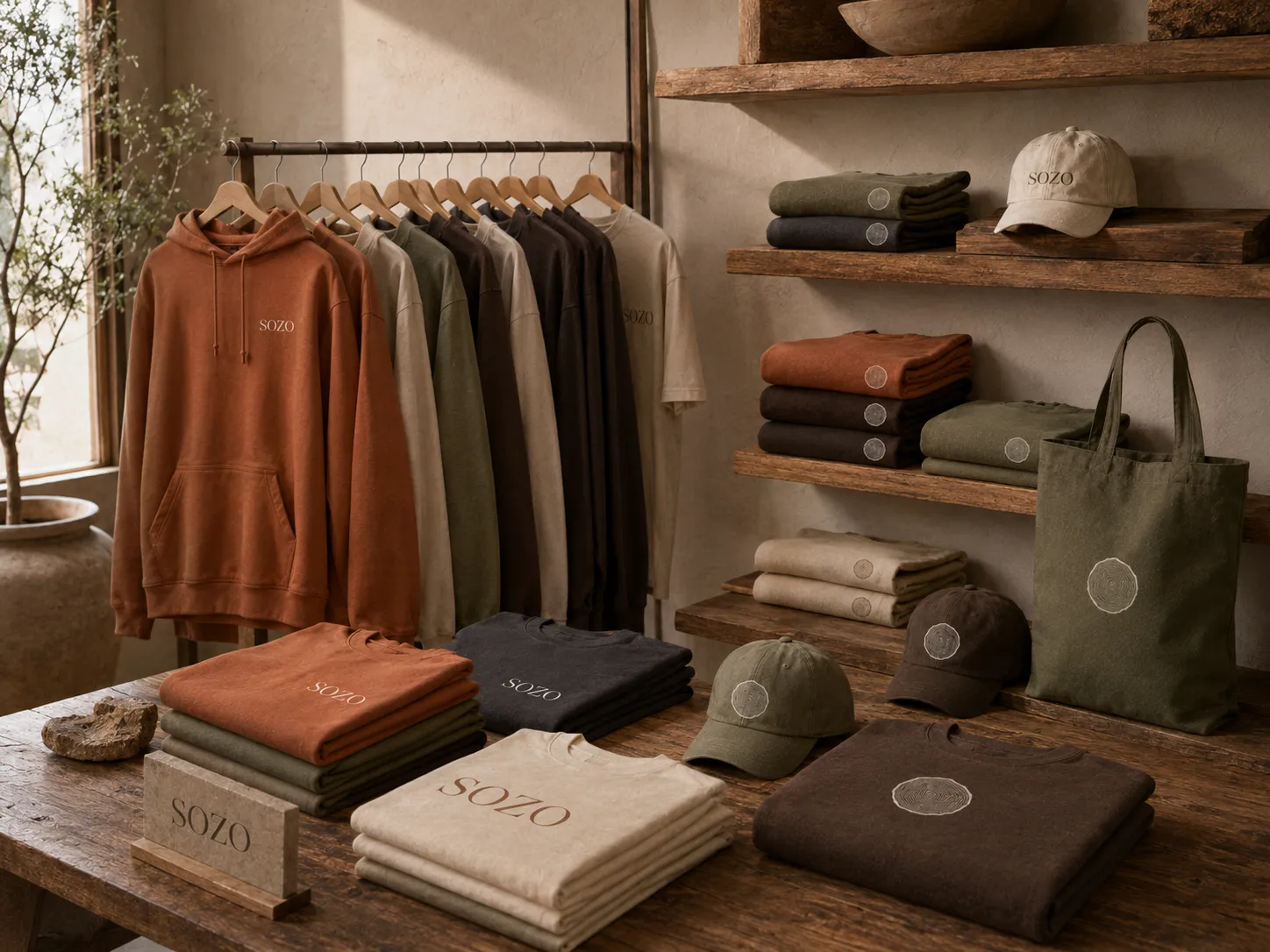SOZO clothing displayed on a rail and shelves beside a shop window