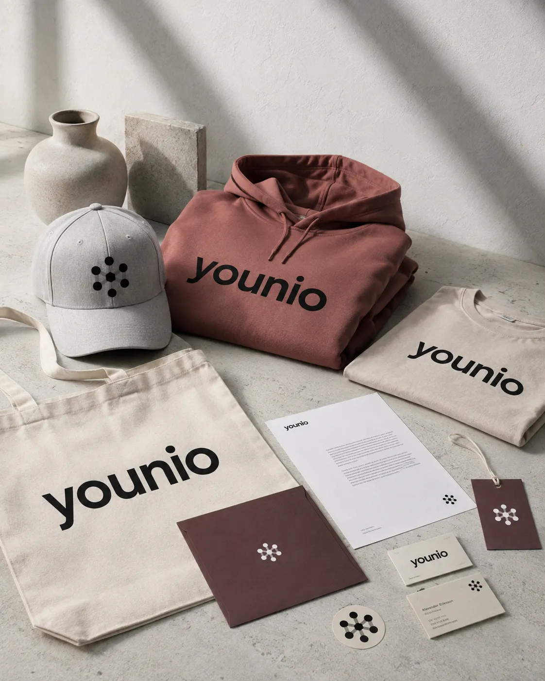 Symbol-led merchandise gathered on concrete: tote, hoodie, cap, tee, folder, lanyard tag and business cards