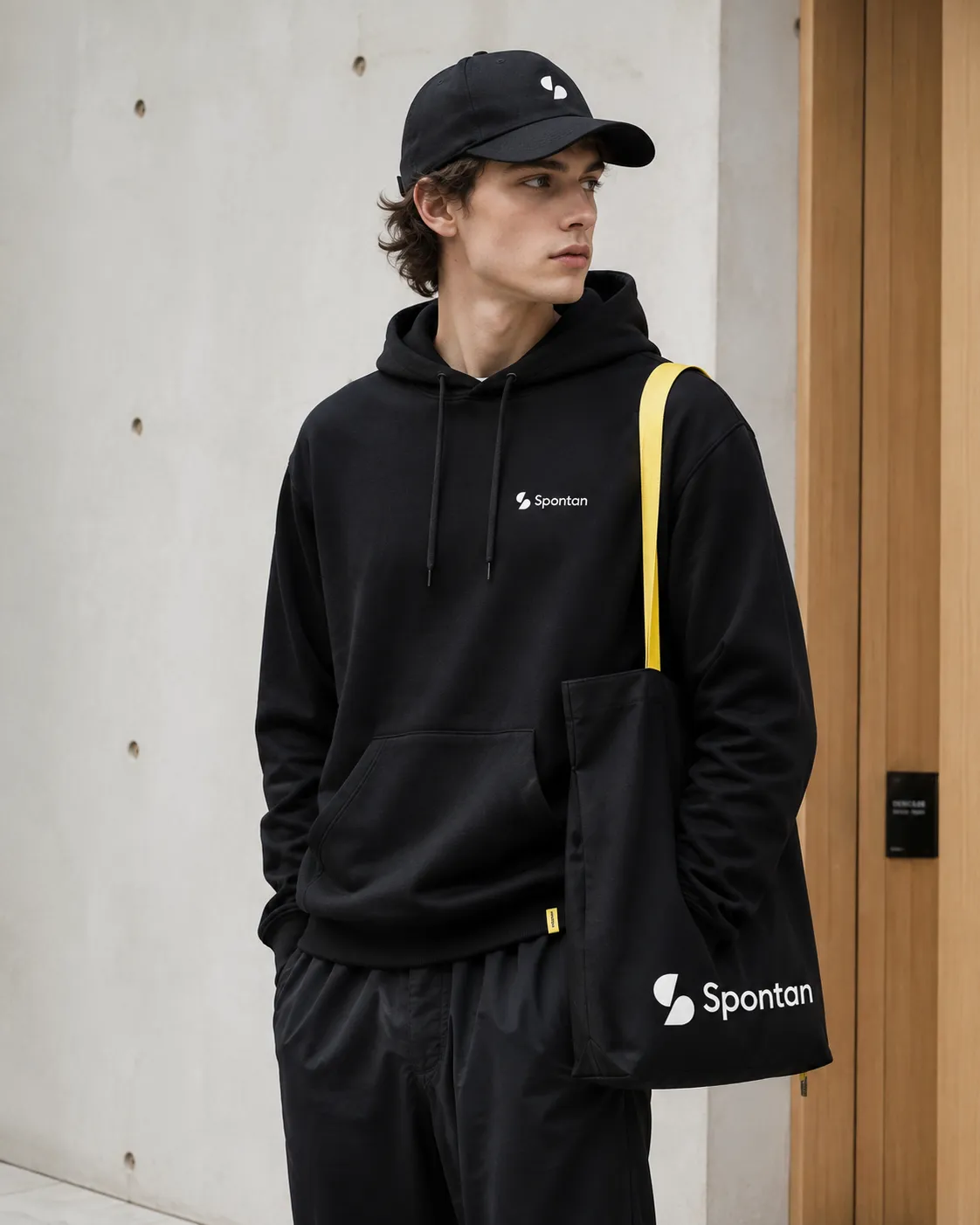 The Spontan hoodie, cap and tote worn on the street