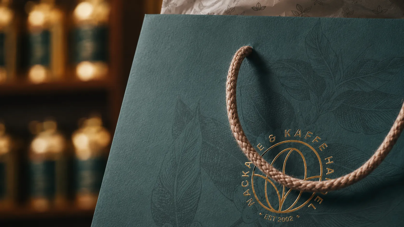 Close-up of the petrol shopping bag: the badge in gold foil over the tonal botanical print