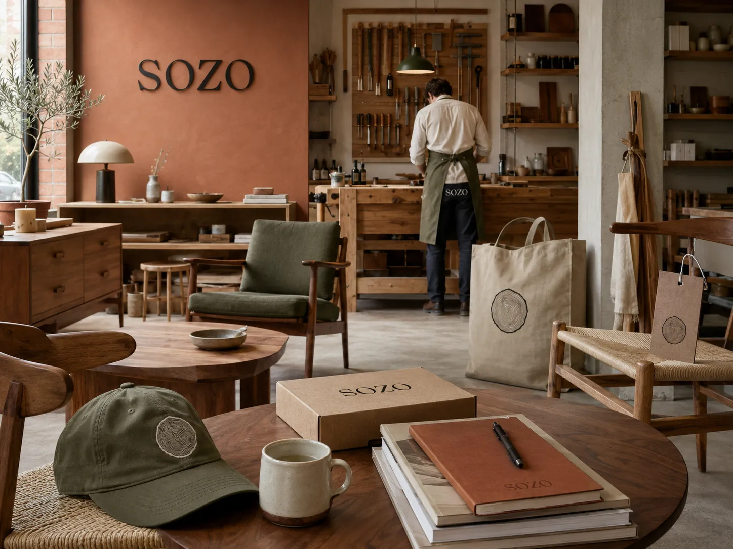 SOZO workshop application, with the wordmark on a terracotta wall and a maker at the bench
