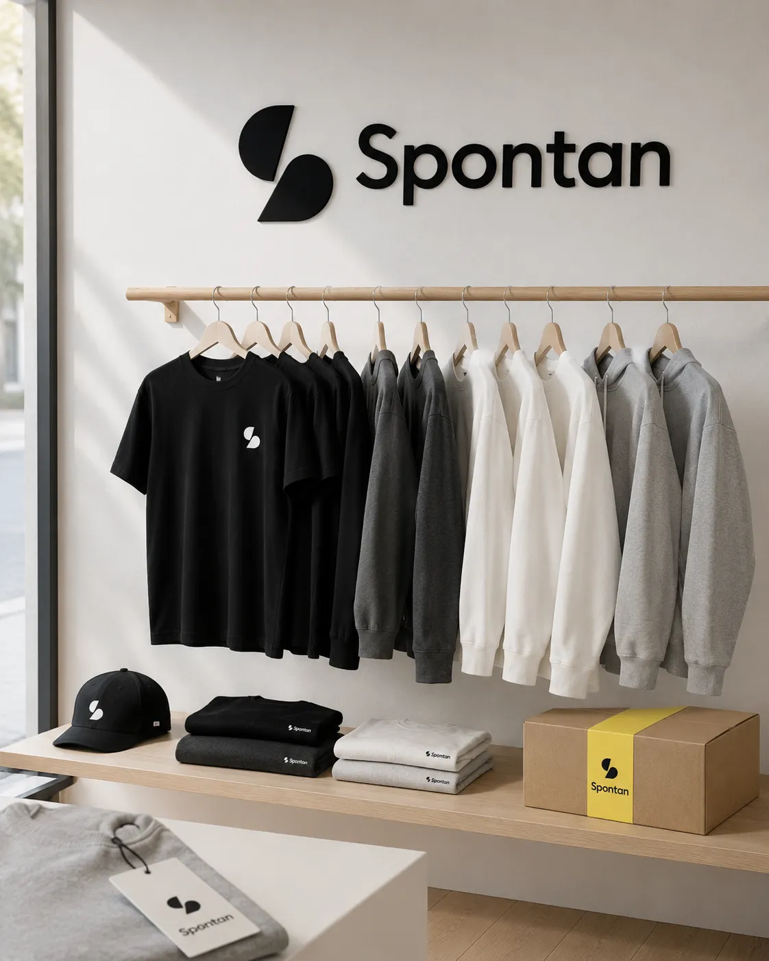A Spontan retail rail under the wall-mounted lockup, with folded garments and a boxed set