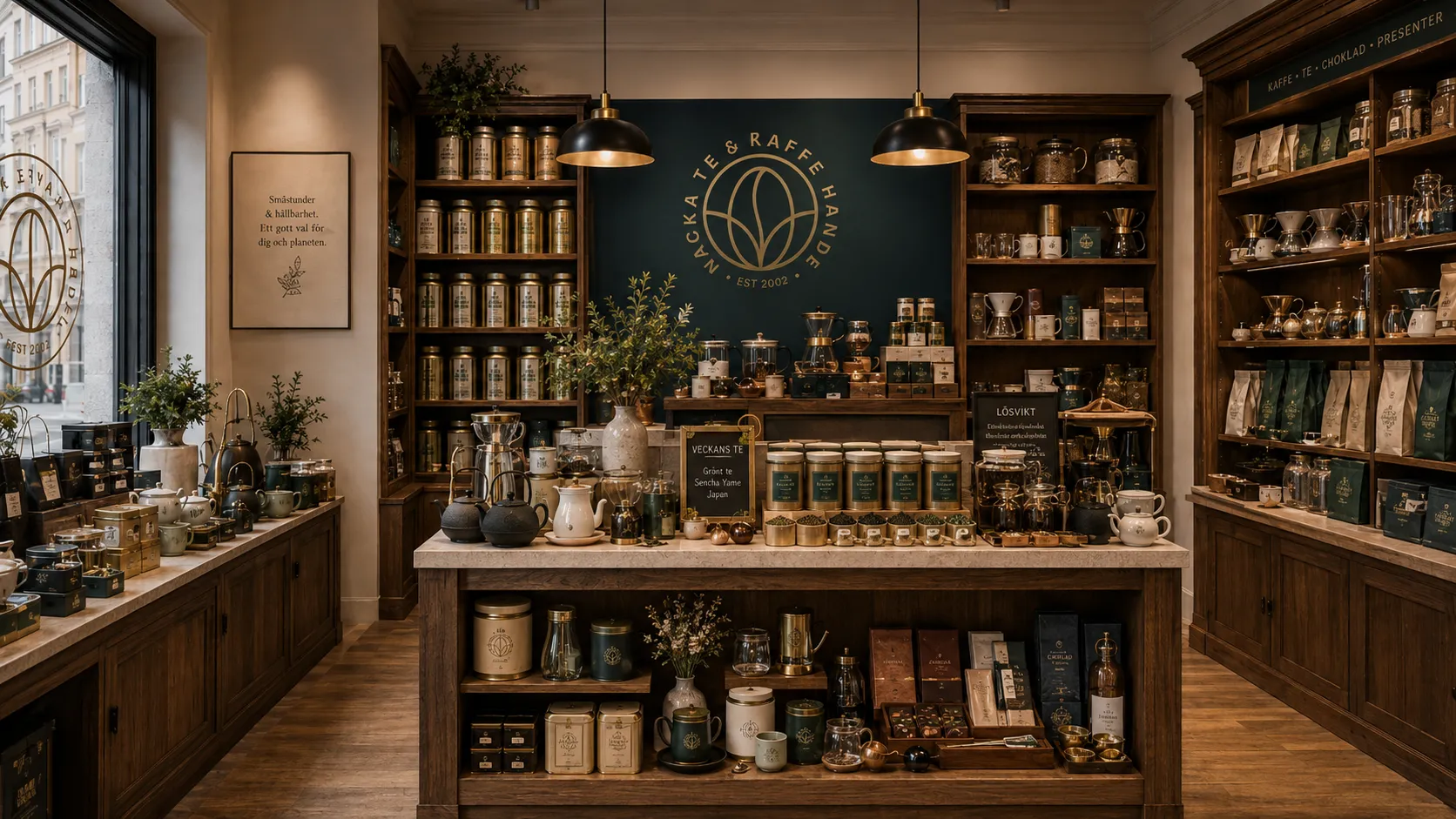 Shop interior with the gold logo wall and island counter