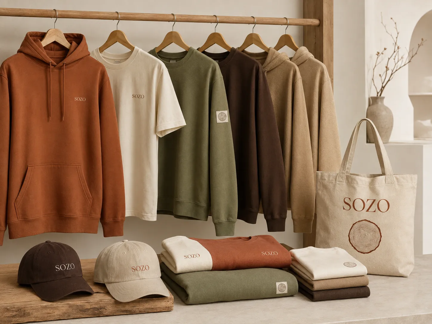 The SOZO identity applied across a hoodie, tee, sweatshirts and tote