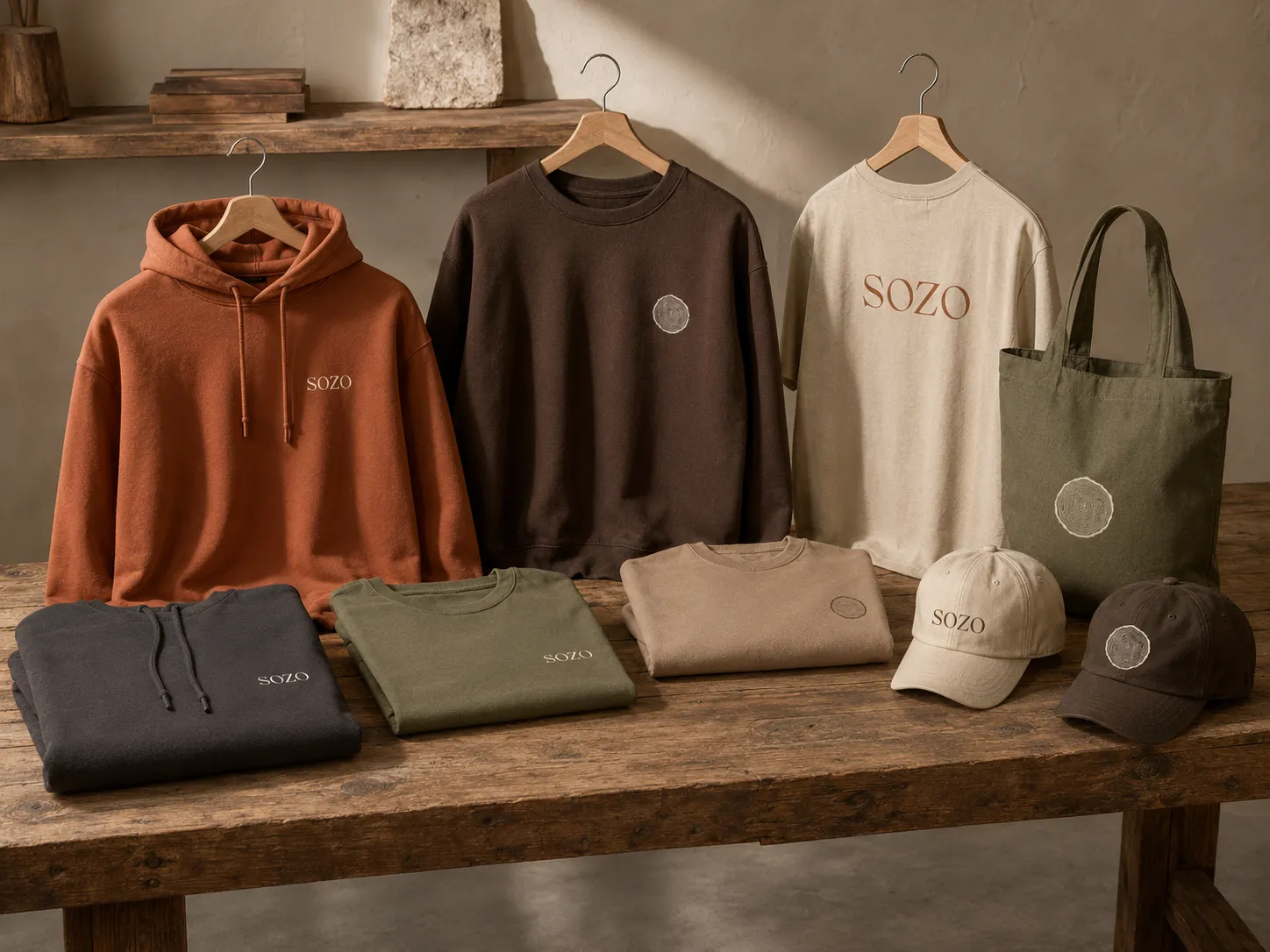 SOZO apparel laid out on a workbench with caps and a tote