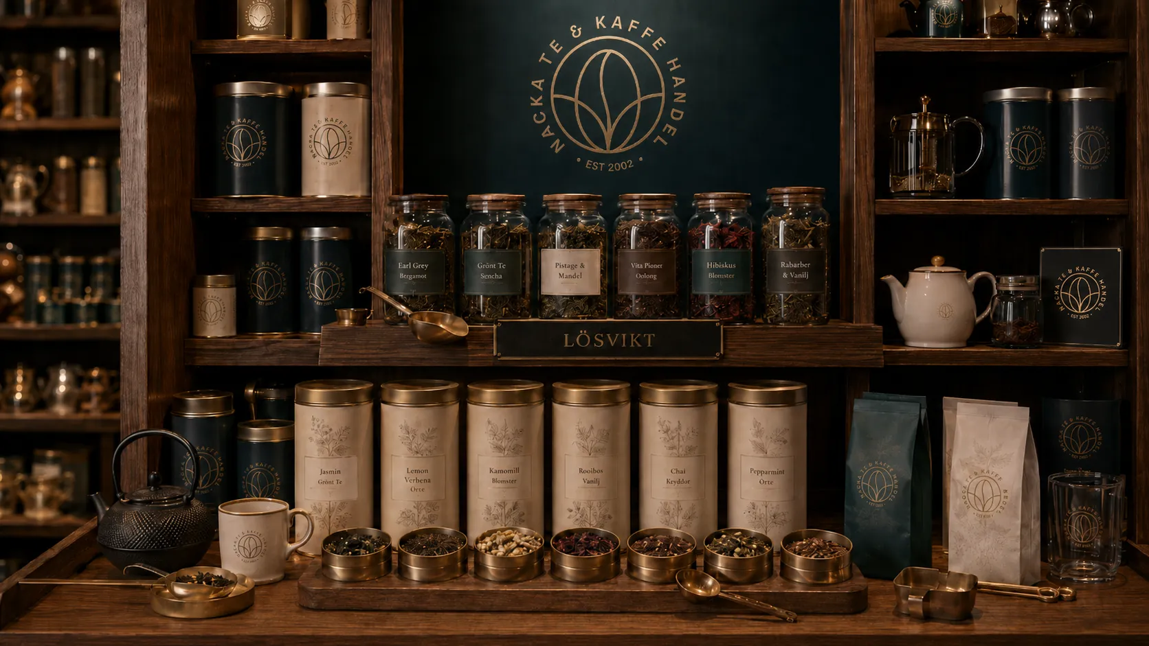The loose-weight tea counter with labeled jars and brass scoops