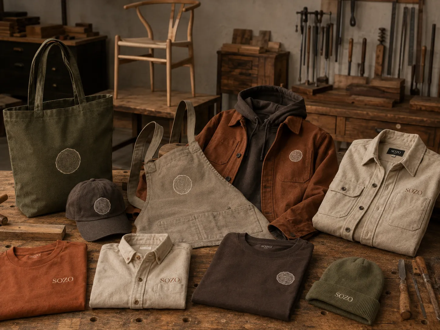 SOZO workwear including an apron, work jacket, shirts, tote and beanie