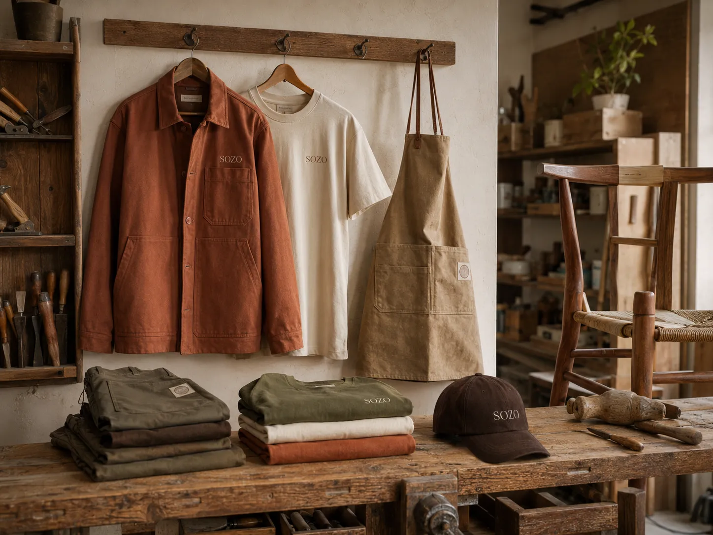 SOZO chore jacket, tee and apron displayed above folded clothing