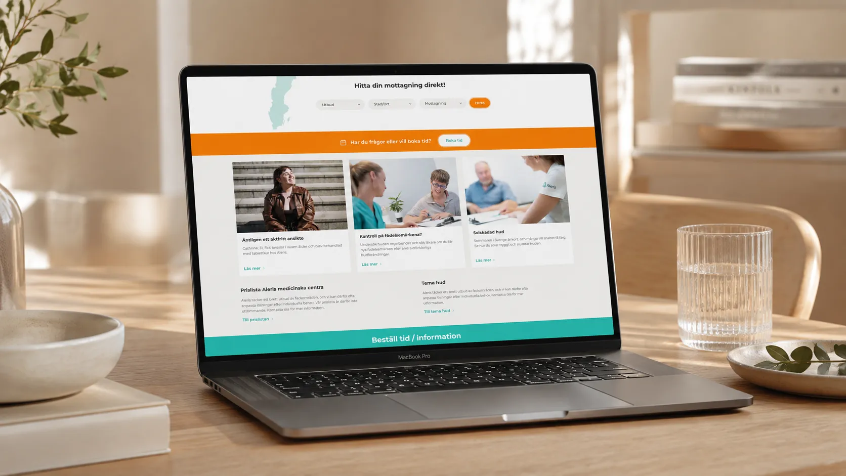 The group site: a clinic finder by service, town and reception, above article cards