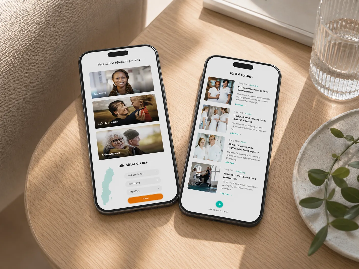 On a phone: the three care areas above the clinic finder, and the news feed beside it