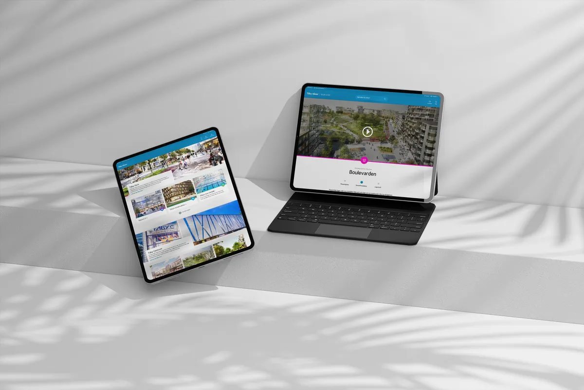 Täby växer on a tablet and laptop: development projects as cards, and a project page with its phase tracker