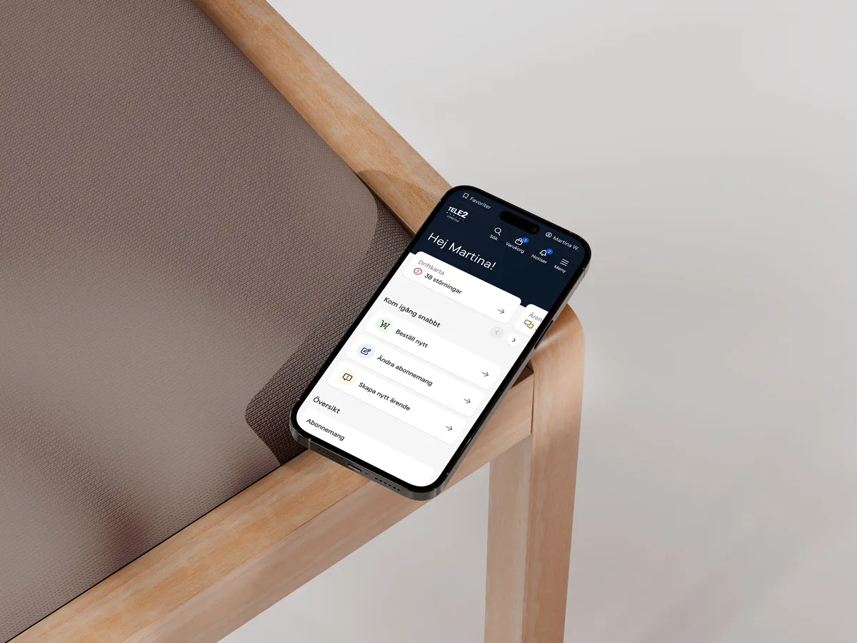 The Tele2 self-service home on a phone with service status and common actions first