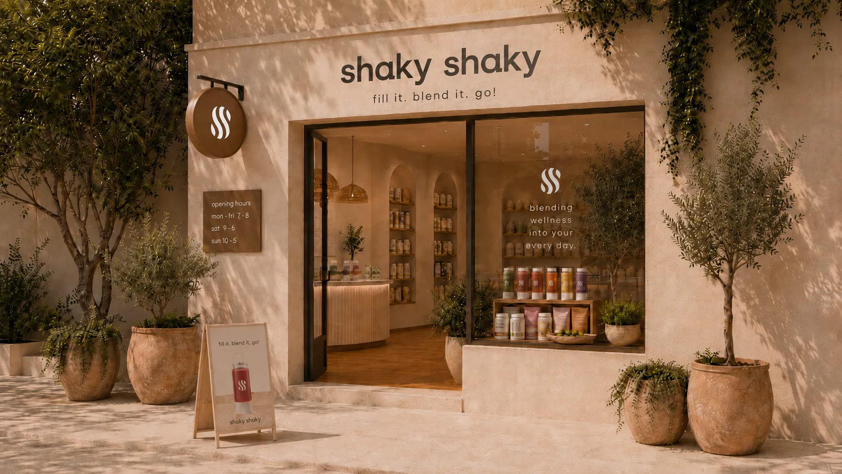 Shaky Shaky storefront with blade sign, window shelving and A-frame sign