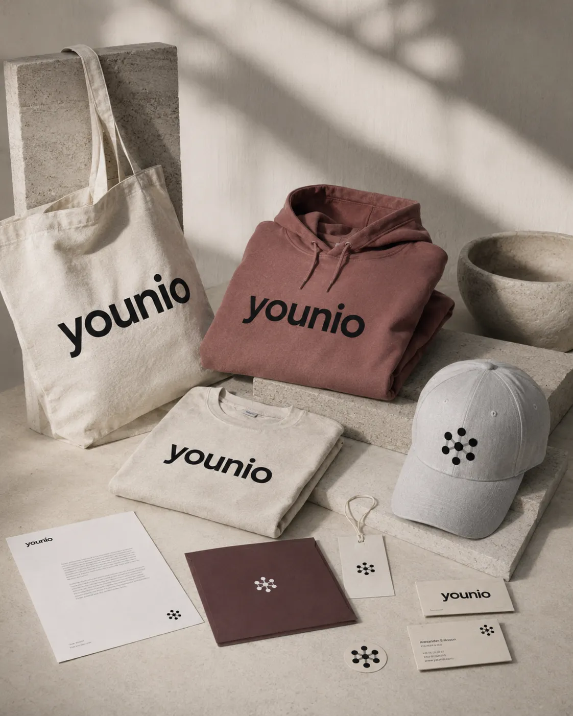Younio stationery laid out flat: terracotta folder, letterhead, business cards in cream and aubergine, envelopes and a compliment slip