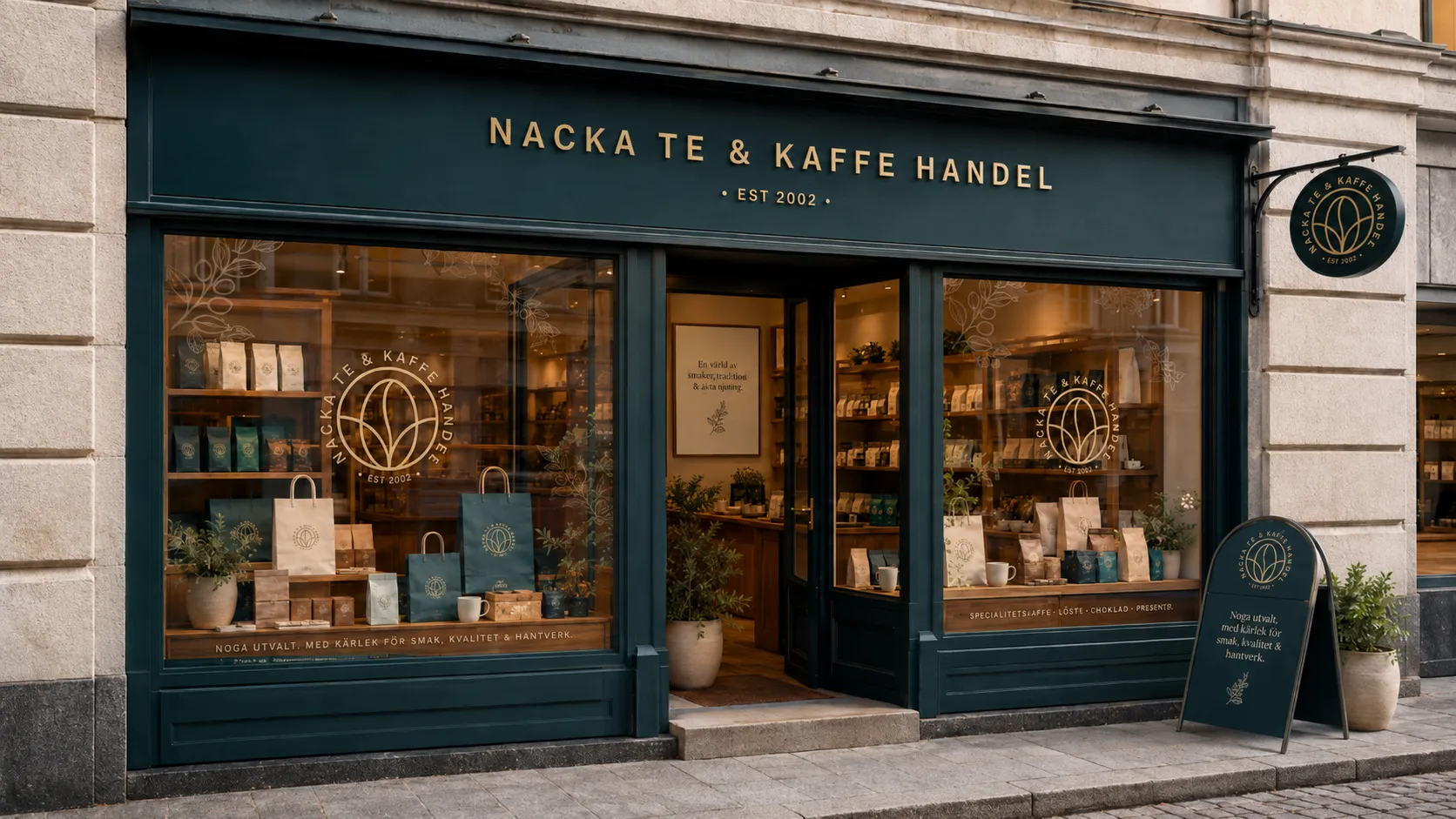 Nacka Te & Kaffe Handel storefront with gold lettering and hanging badge sign