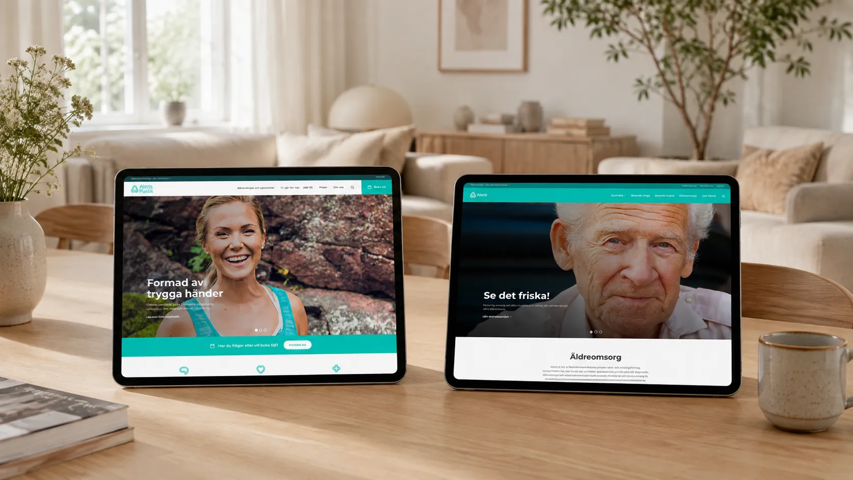 The specialist site and the group site side by side on two tablets, recognisably the same company