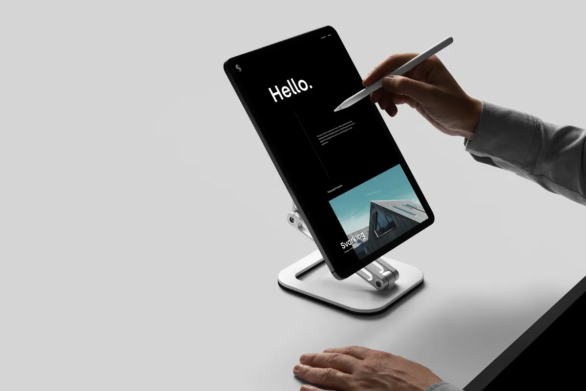 The Ström home page on a tablet, introducing the agency and featured projects