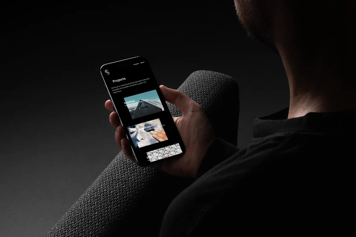 The Ström project index on a phone, listing case studies with image thumbnails