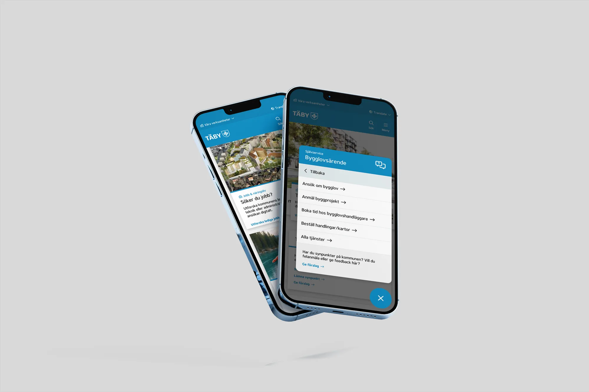 The self-service panel open over a page on a phone, listing building-permit actions with a route to a person