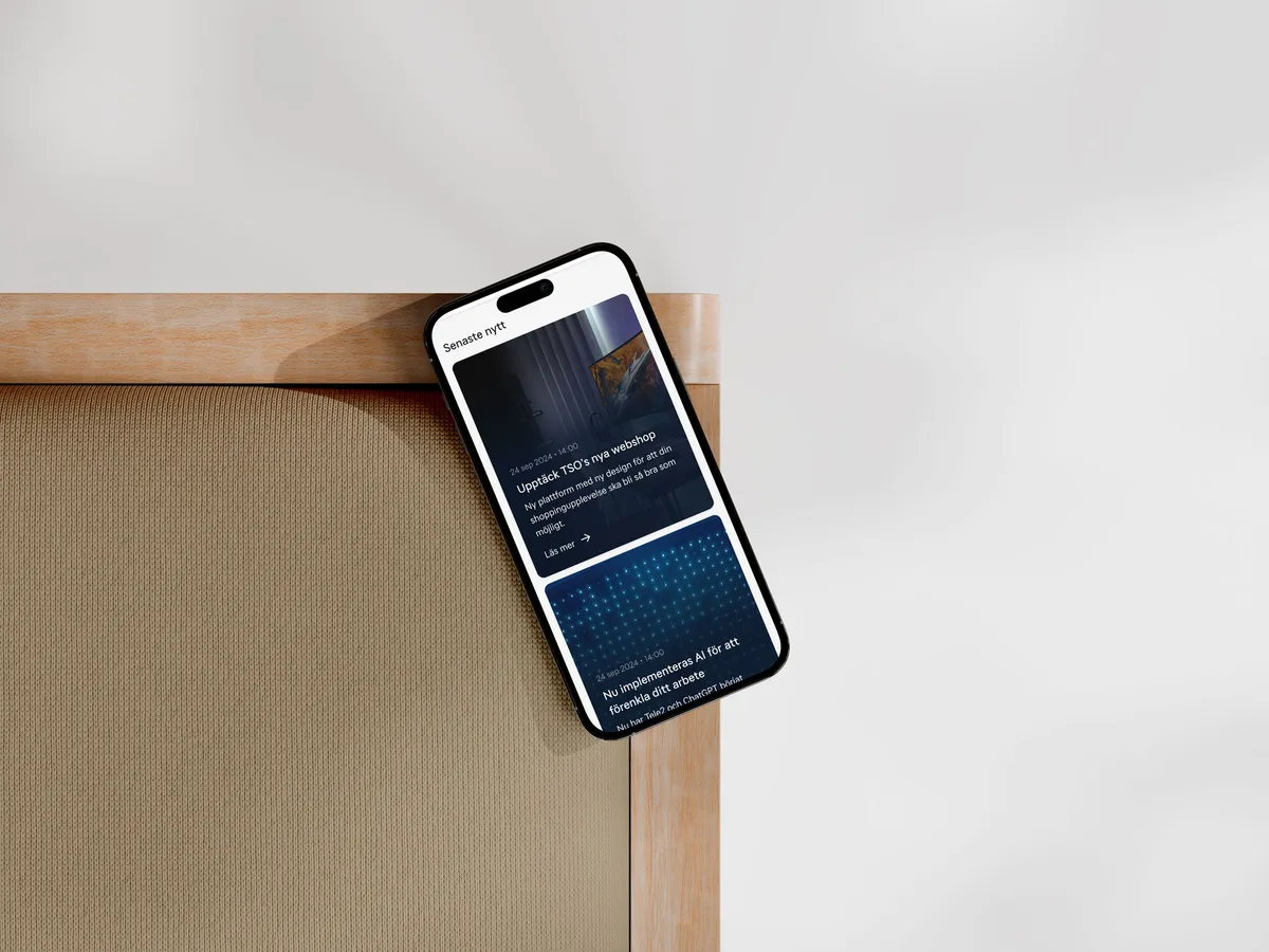 Tele2 news on a phone, arranged as a vertical feed of readable cards
